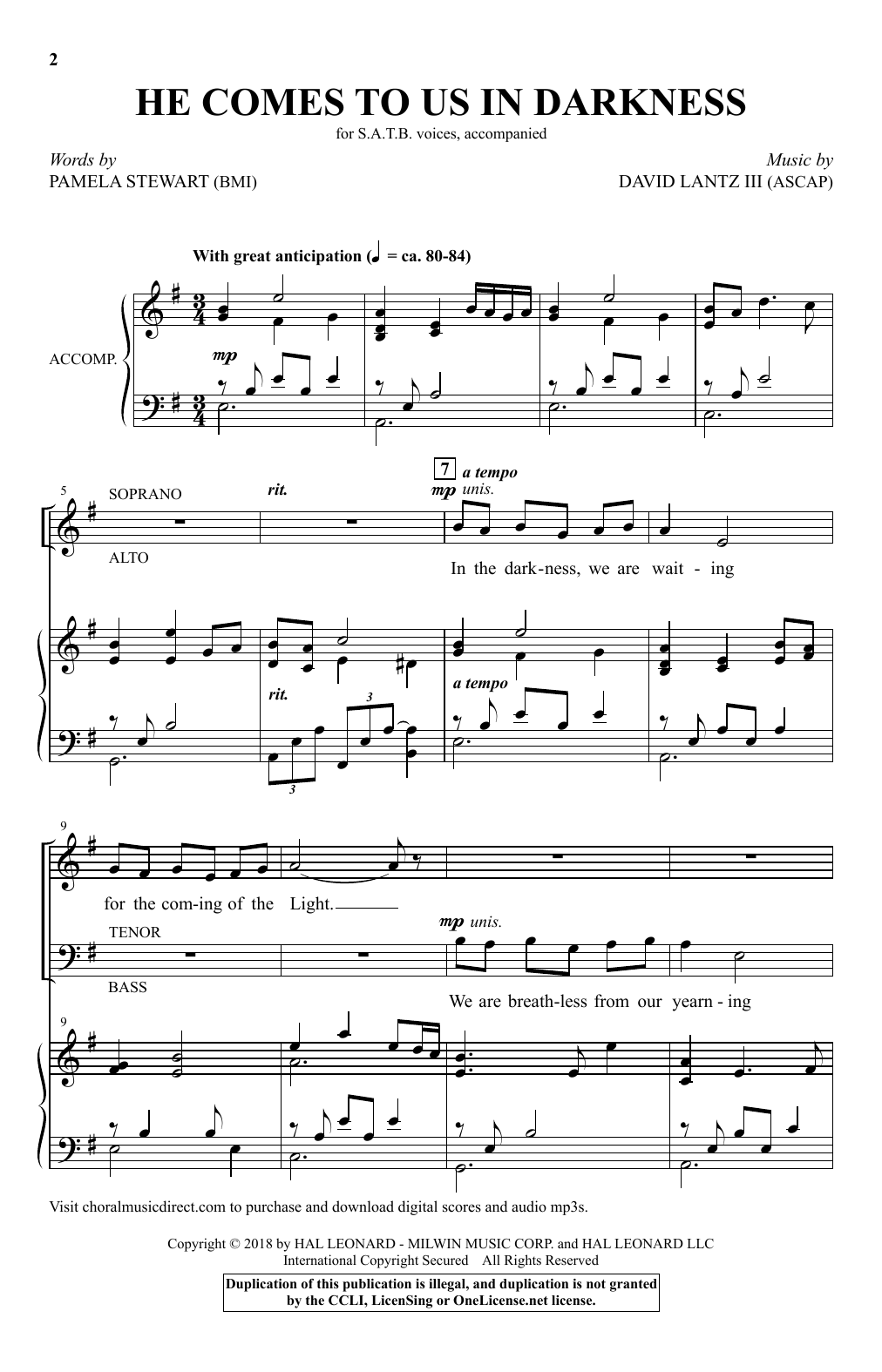 David Lantz III He Comes To Us In Darkness sheet music notes and chords arranged for SATB Choir