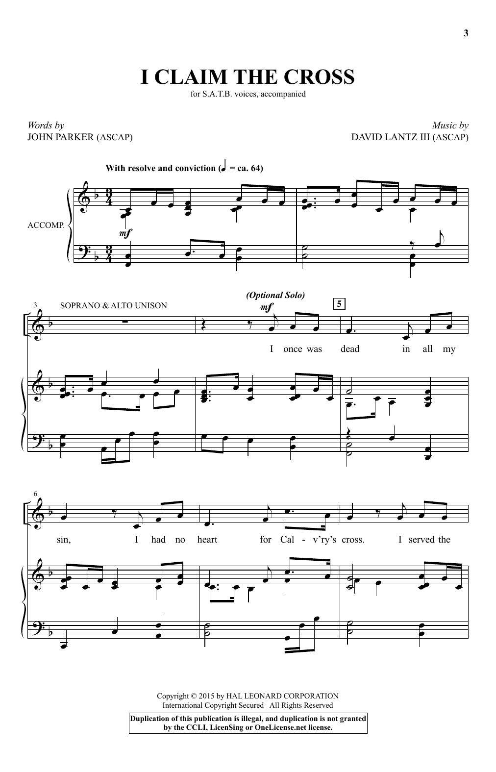 David Lantz III I Claim The Cross sheet music notes and chords arranged for SATB Choir