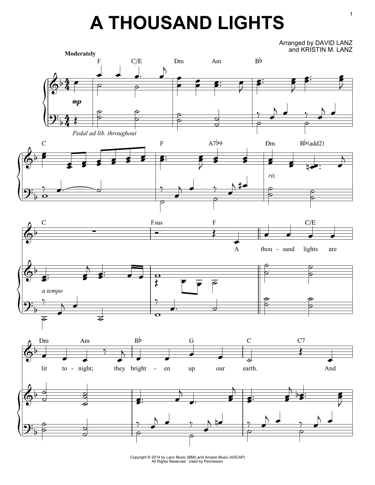 David Lanz & Kristin Amarie A Thousand Lights sheet music notes and chords arranged for Piano Solo