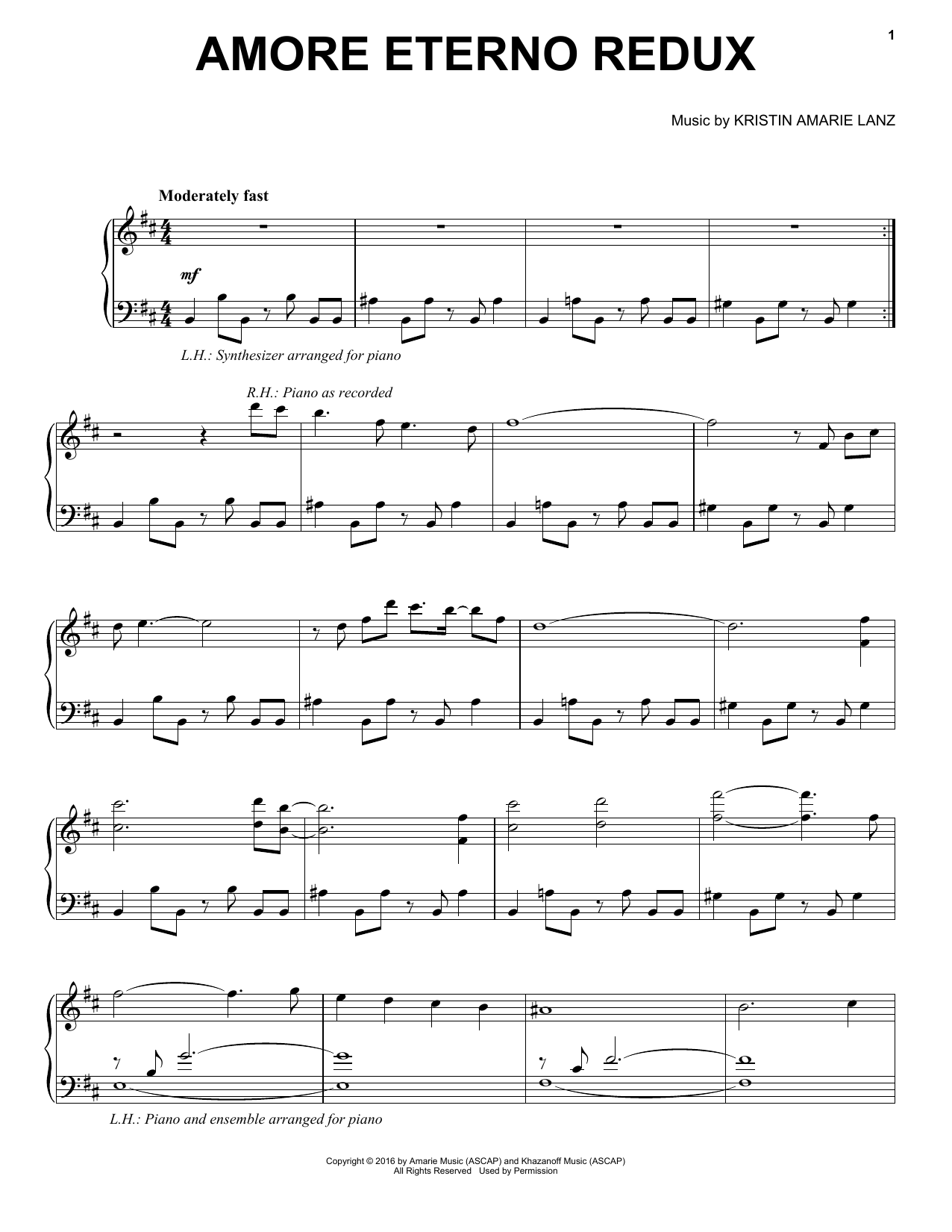 David Lanz & Kristin Amarie Amore Eterno Redux sheet music notes and chords arranged for Piano Solo