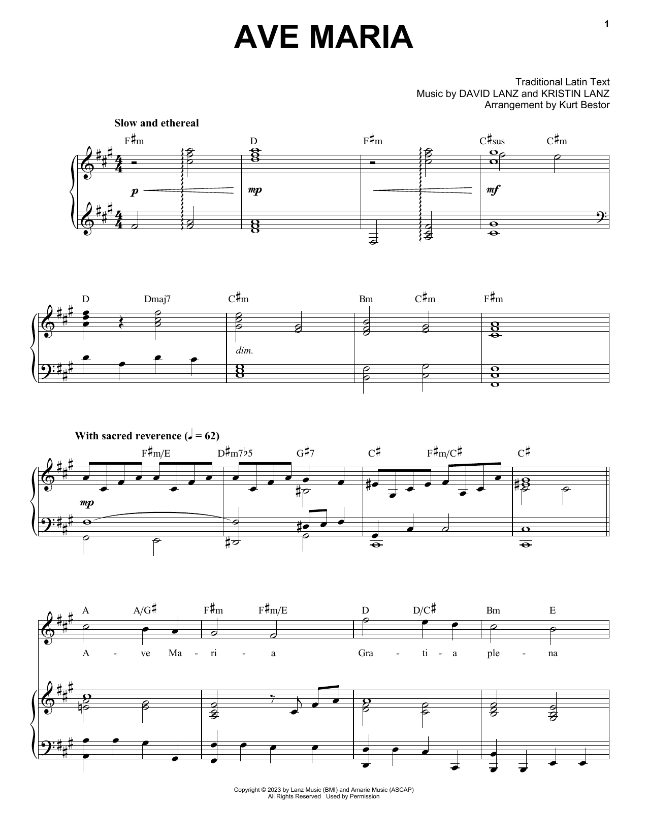 David Lanz & Kristin Amarie Ave Maria sheet music notes and chords arranged for Piano & Vocal