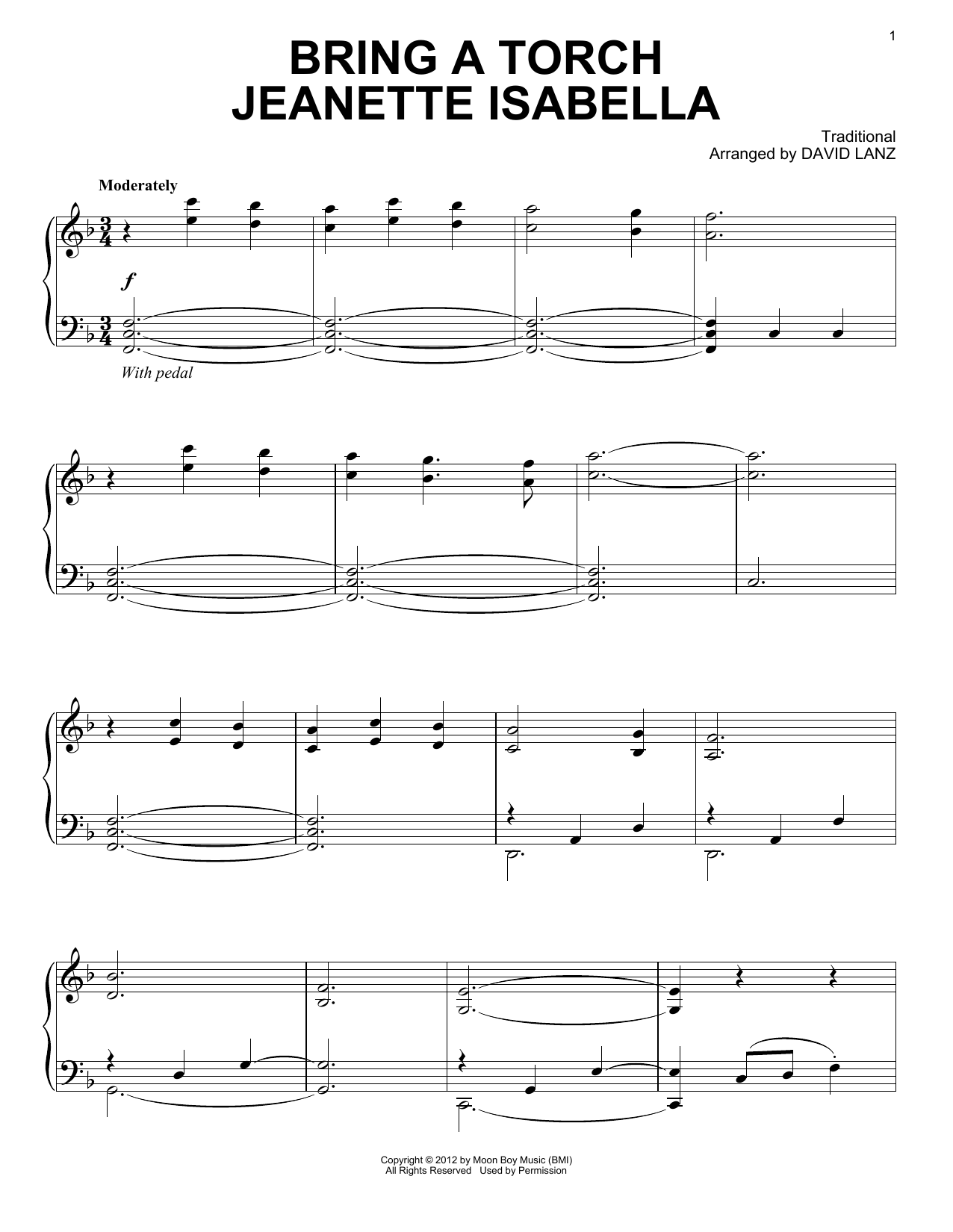 David Lanz Bring A Torch Jeanette Isabella sheet music notes and chords arranged for Piano Solo