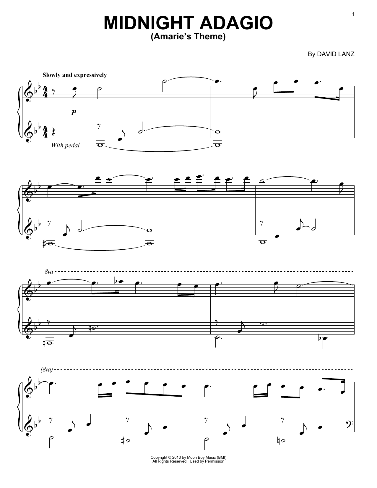 David Lanz Midnight Adagio (Amarie's Theme) sheet music notes and chords arranged for Piano Solo