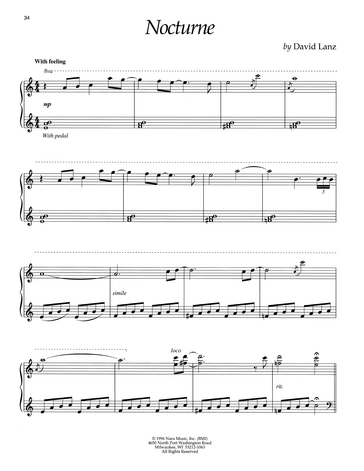 David Lanz Nocturne sheet music notes and chords arranged for Piano Solo