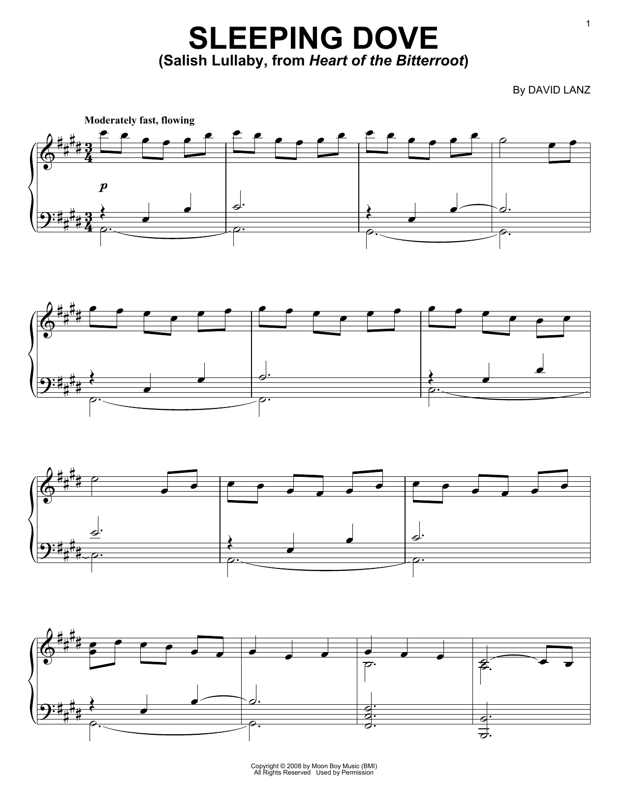 David Lanz Sleeping Dove (Salish Lullaby, from Heart Of The Bitterroot) sheet music notes and chords arranged for Piano Solo