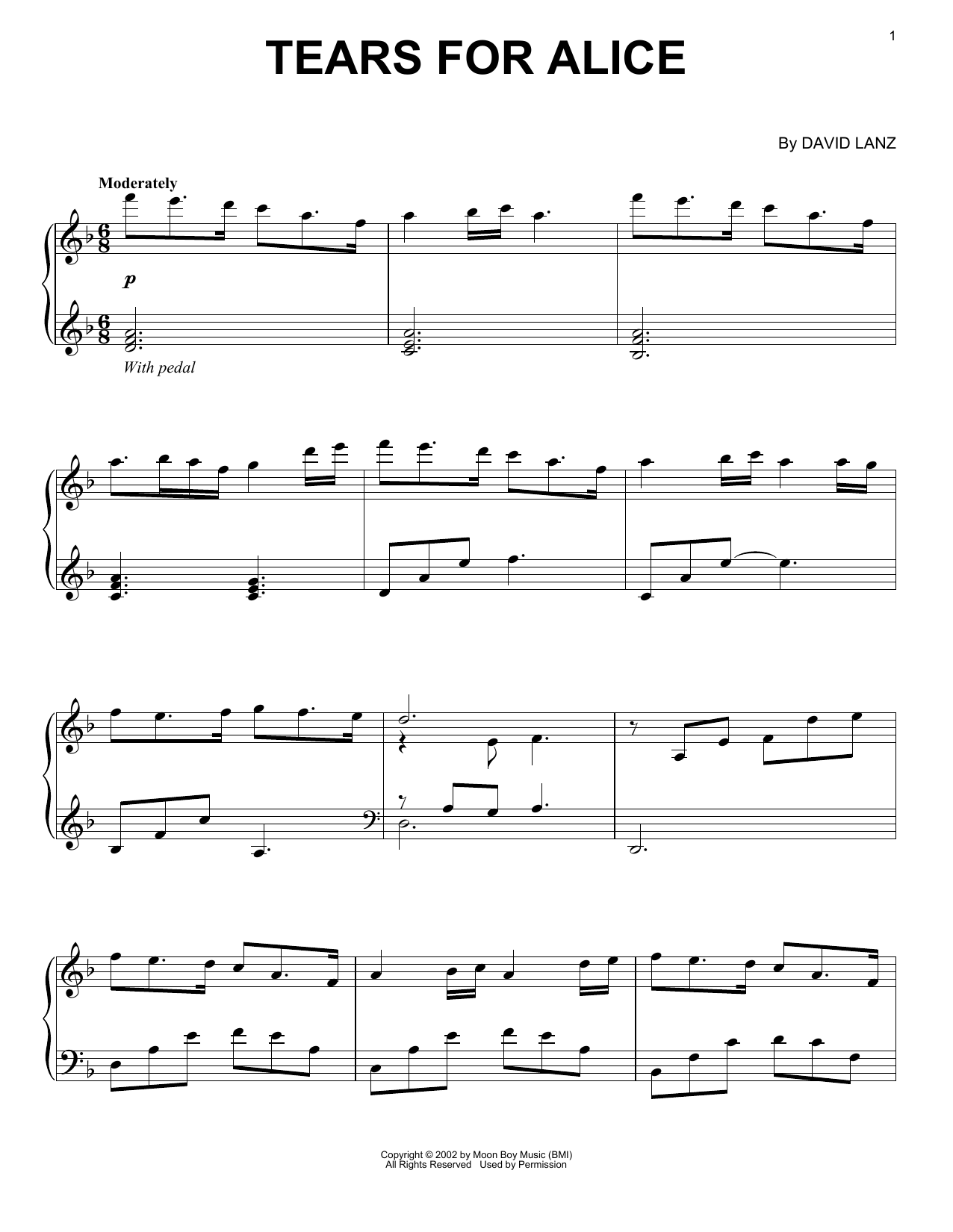 David Lanz Tears For Alice sheet music notes and chords arranged for Piano Solo