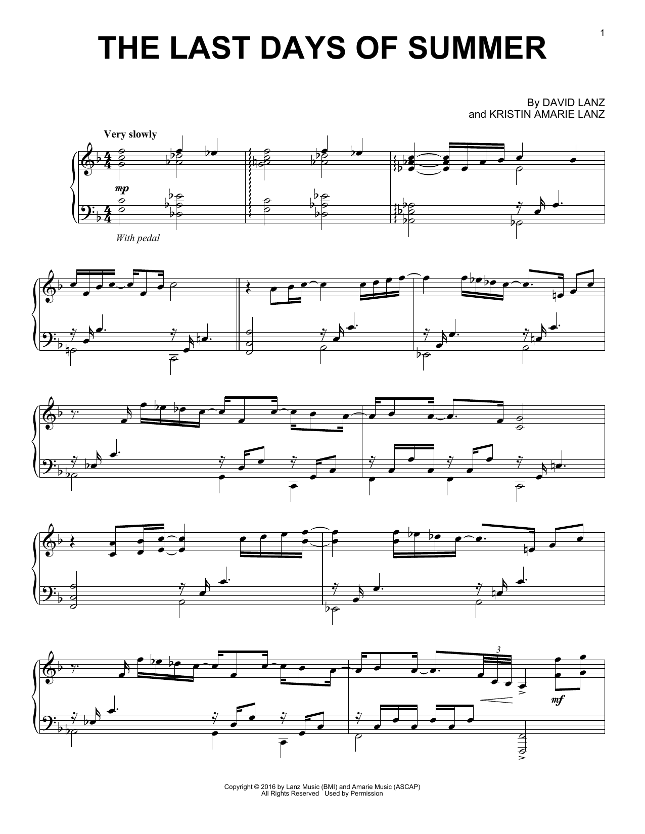 David Lanz The Last Days Of Summer sheet music notes and chords arranged for Piano Solo