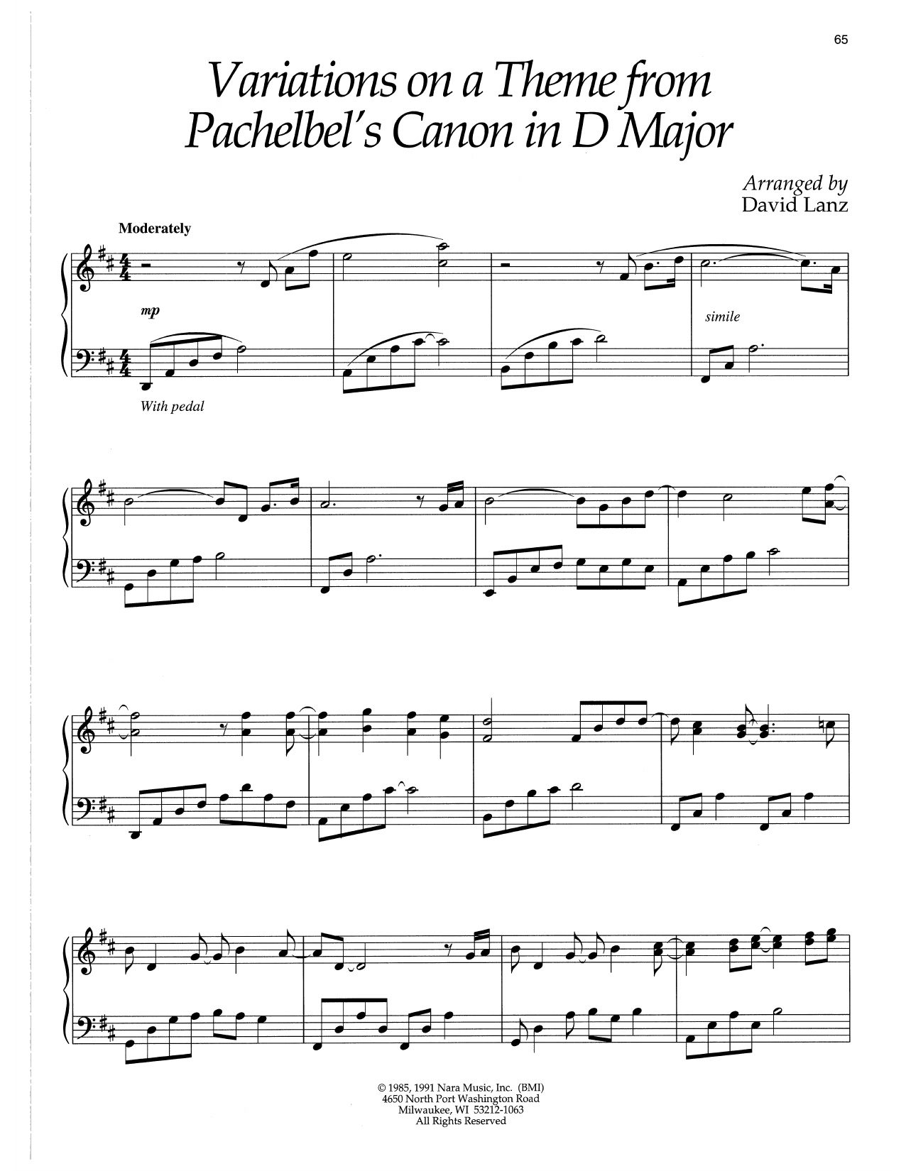 David Lanz Variations On A Theme From Pachelbel's Canon In D Major sheet music notes and chords arranged for Piano Solo