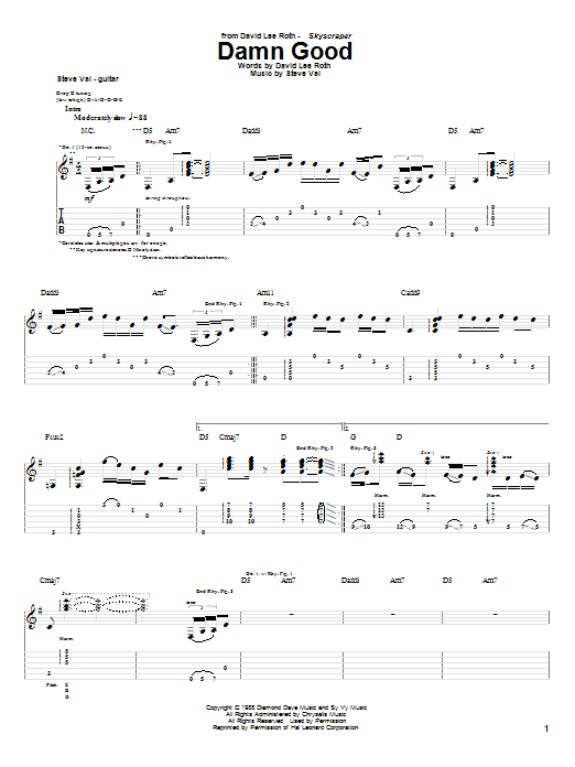 David Lee Roth Damn Good sheet music notes and chords arranged for Guitar Tab