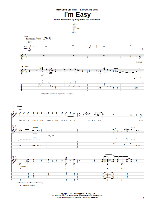 David Lee Roth I'm Easy sheet music notes and chords arranged for Guitar Tab