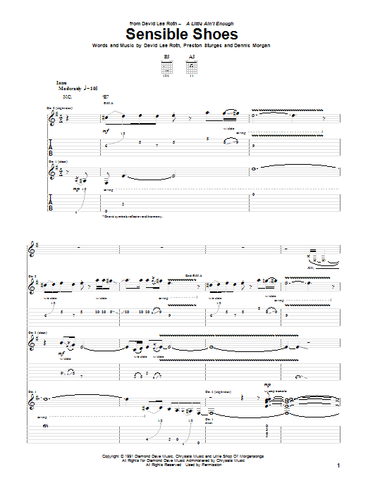 David Lee Roth Sensible Shoes sheet music notes and chords arranged for Guitar Tab