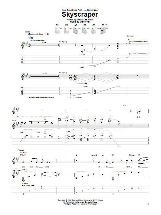 David Lee Roth Skyscraper sheet music notes and chords arranged for Guitar Tab
