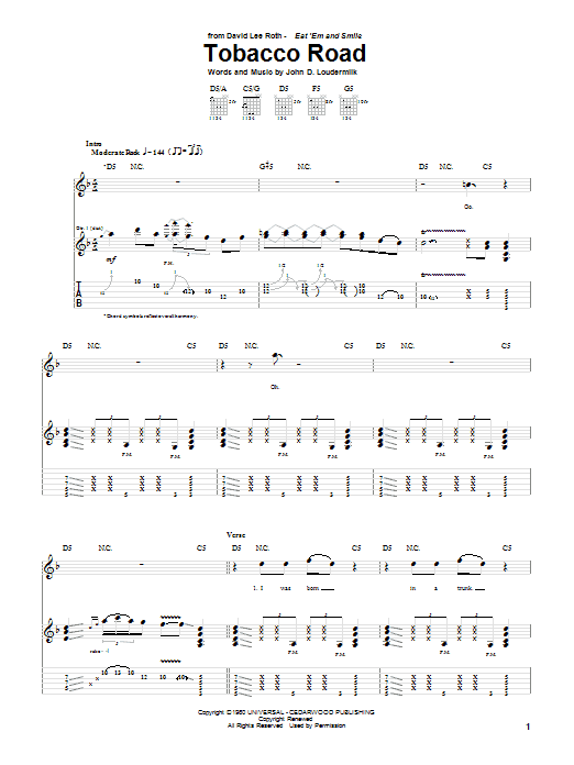 David Lee Roth Tobacco Road sheet music notes and chords arranged for Guitar Tab