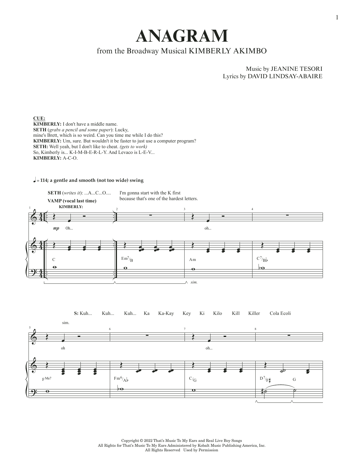 David Lindsay-Abaire and Jeanine Tesori Anagram (from Kimberly Akimbo) sheet music notes and chords arranged for Piano & Vocal