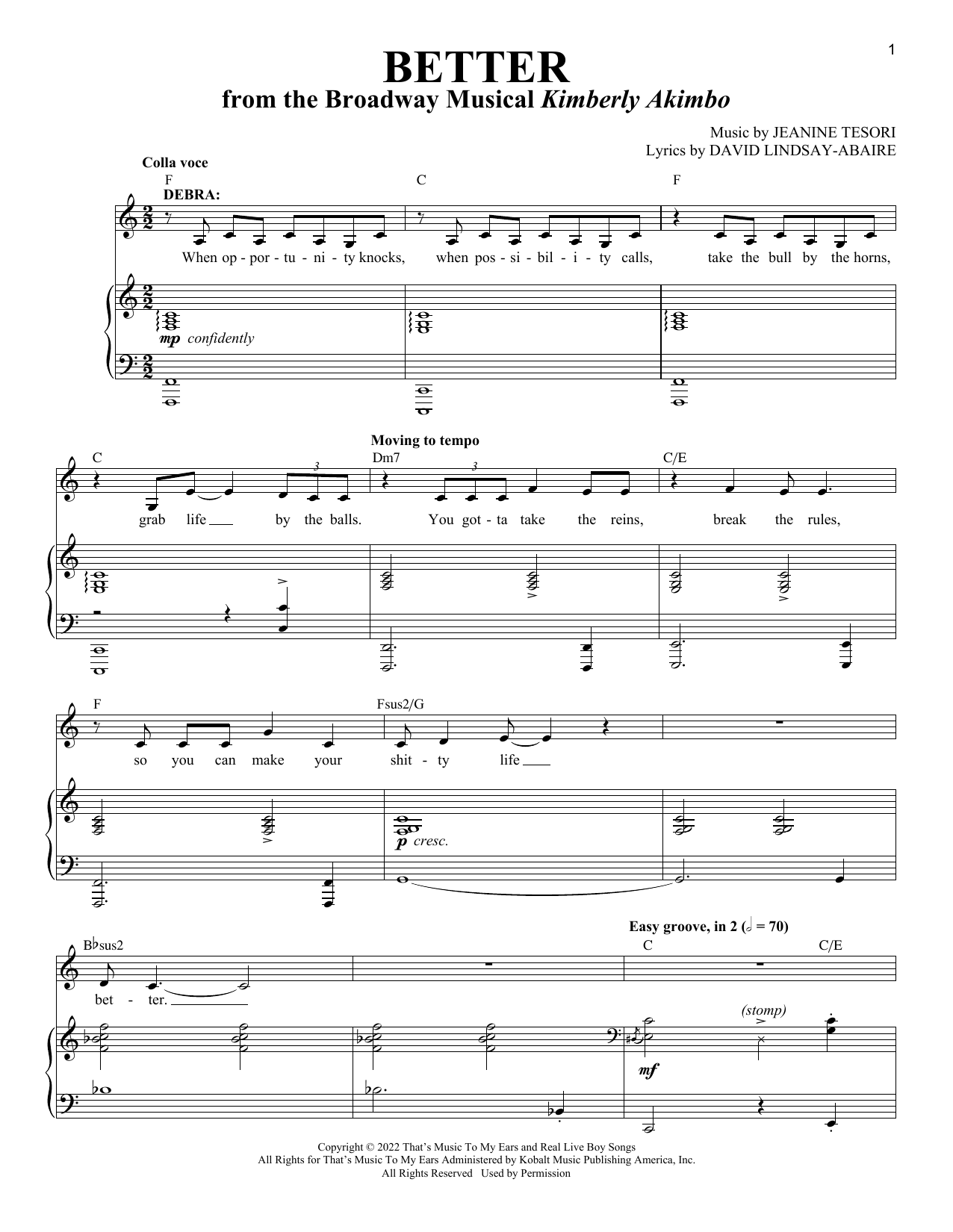David Lindsay-Abaire and Jeanine Tesori Better (from Kimberly Akimbo) sheet music notes and chords arranged for Piano & Vocal