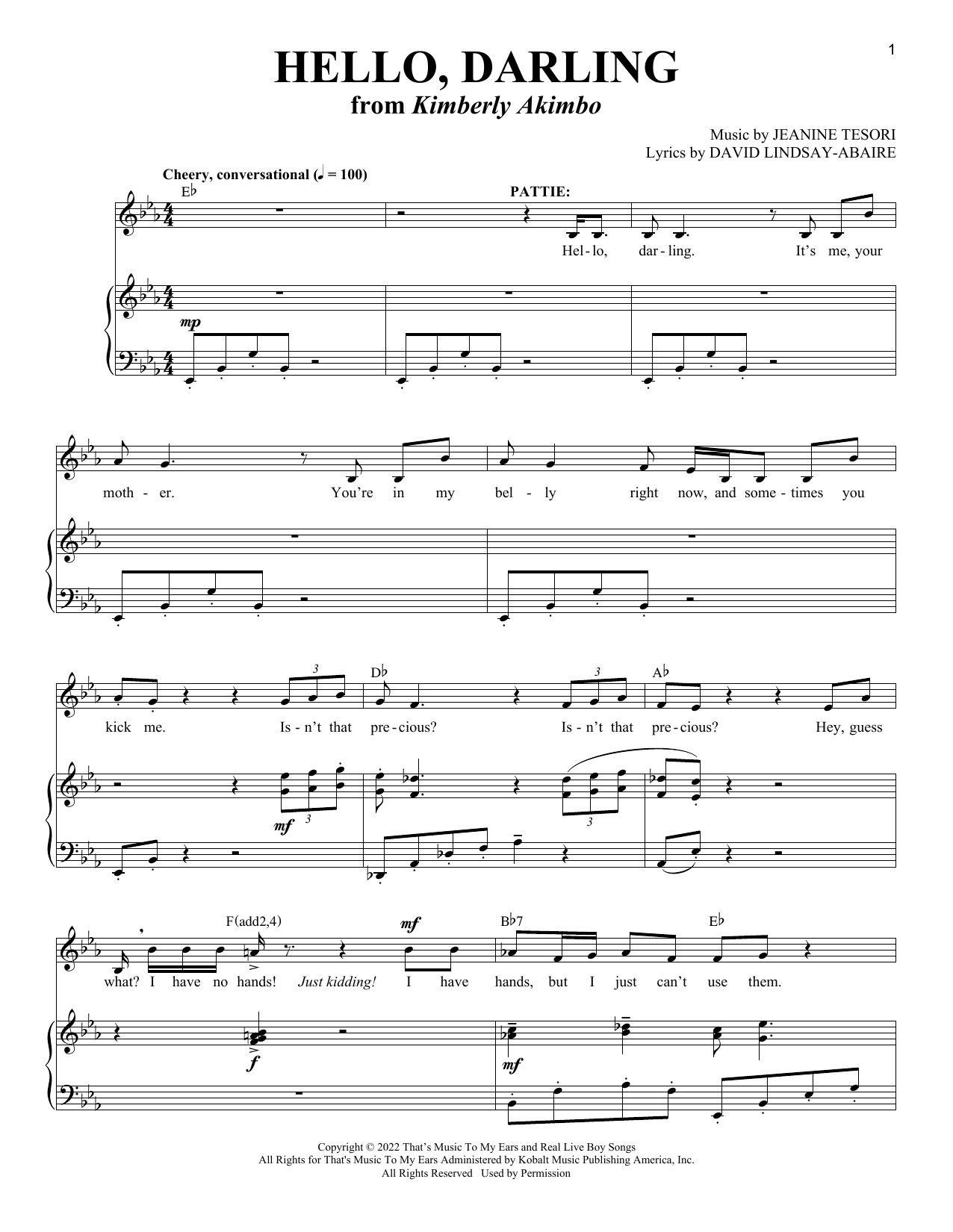 David Lindsay-Abaire and Jeanine Tesori Hello, Darling (from Kimberly Akimbo) sheet music notes and chords arranged for Piano & Vocal