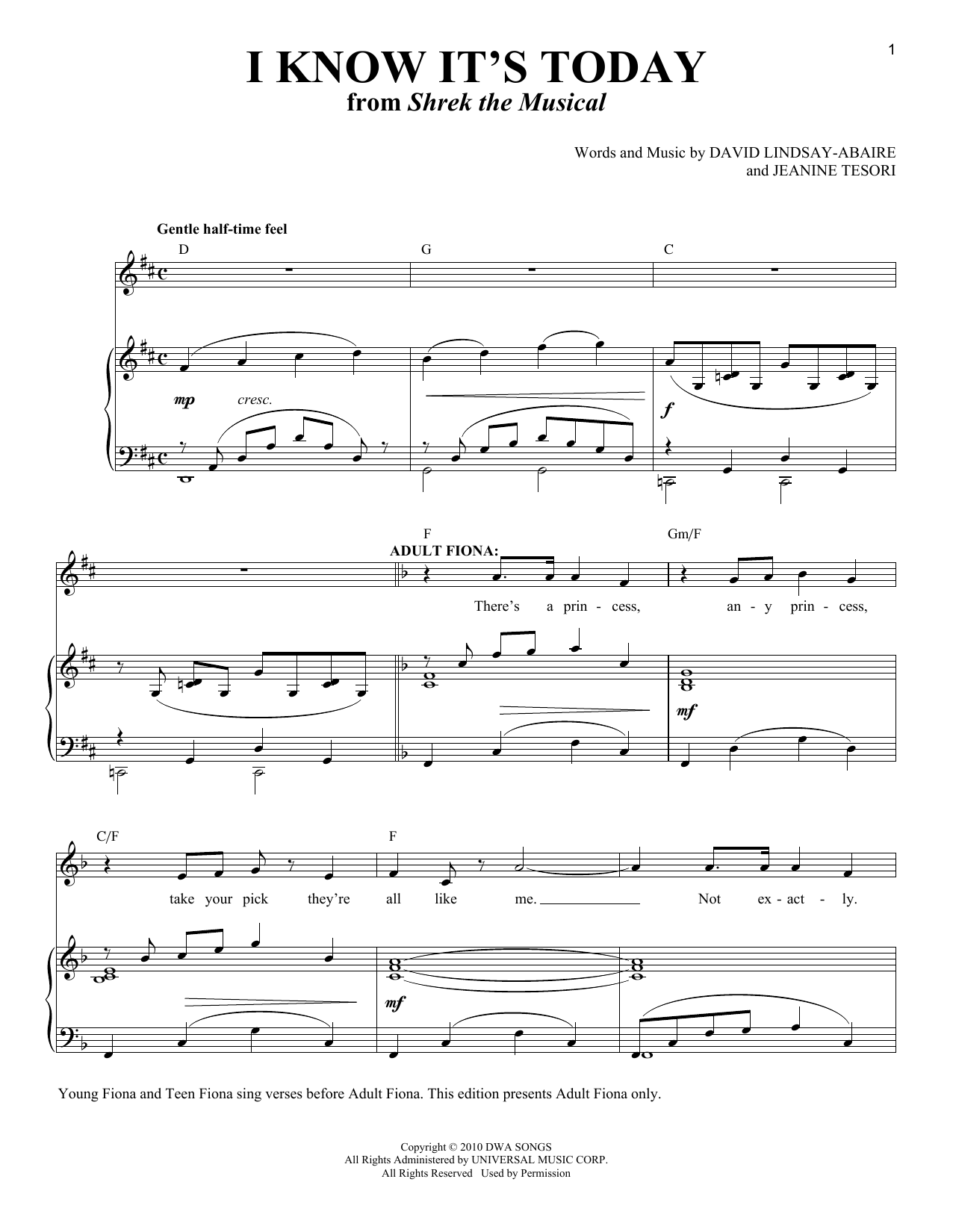 David Lindsay-Abaire and Jeanine Tesori I Know It's Today (from Shrek the Musical) (Adult Fiona) sheet music notes and chords arranged for Piano & Vocal