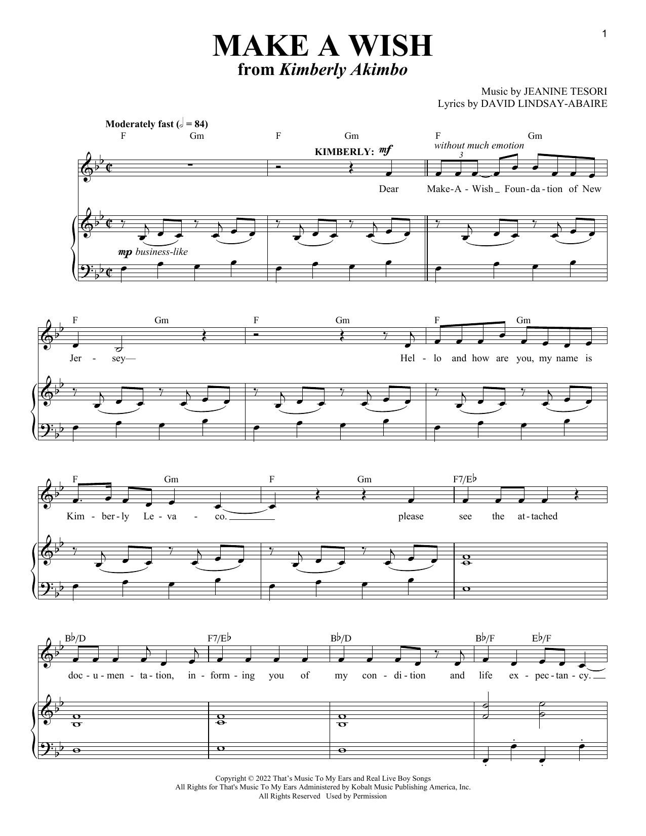 David Lindsay-Abaire and Jeanine Tesori Make A Wish (from Kimberly Akimbo) sheet music notes and chords arranged for Piano & Vocal