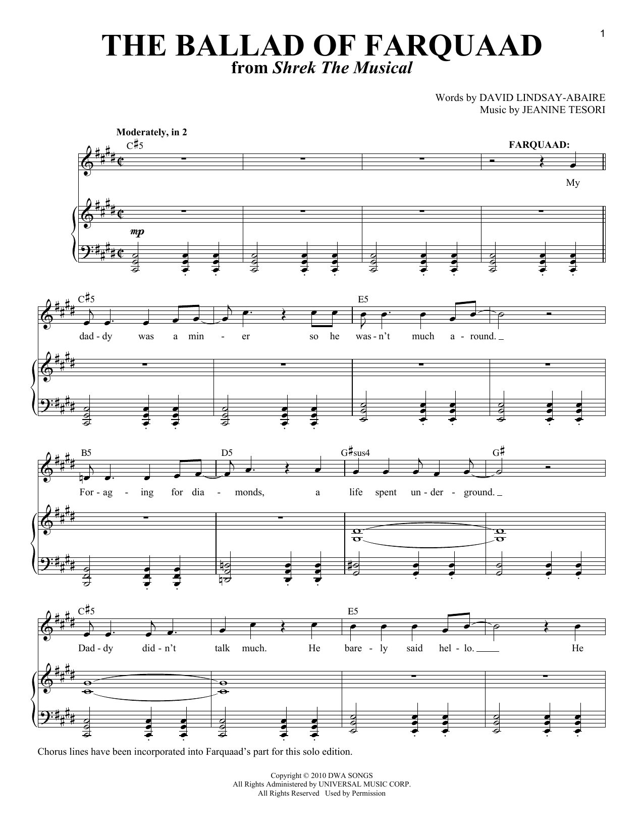 David Lindsay-Abaire The Ballad of Farquaad (from Shrek The Musical) sheet music notes and chords arranged for Piano & Vocal
