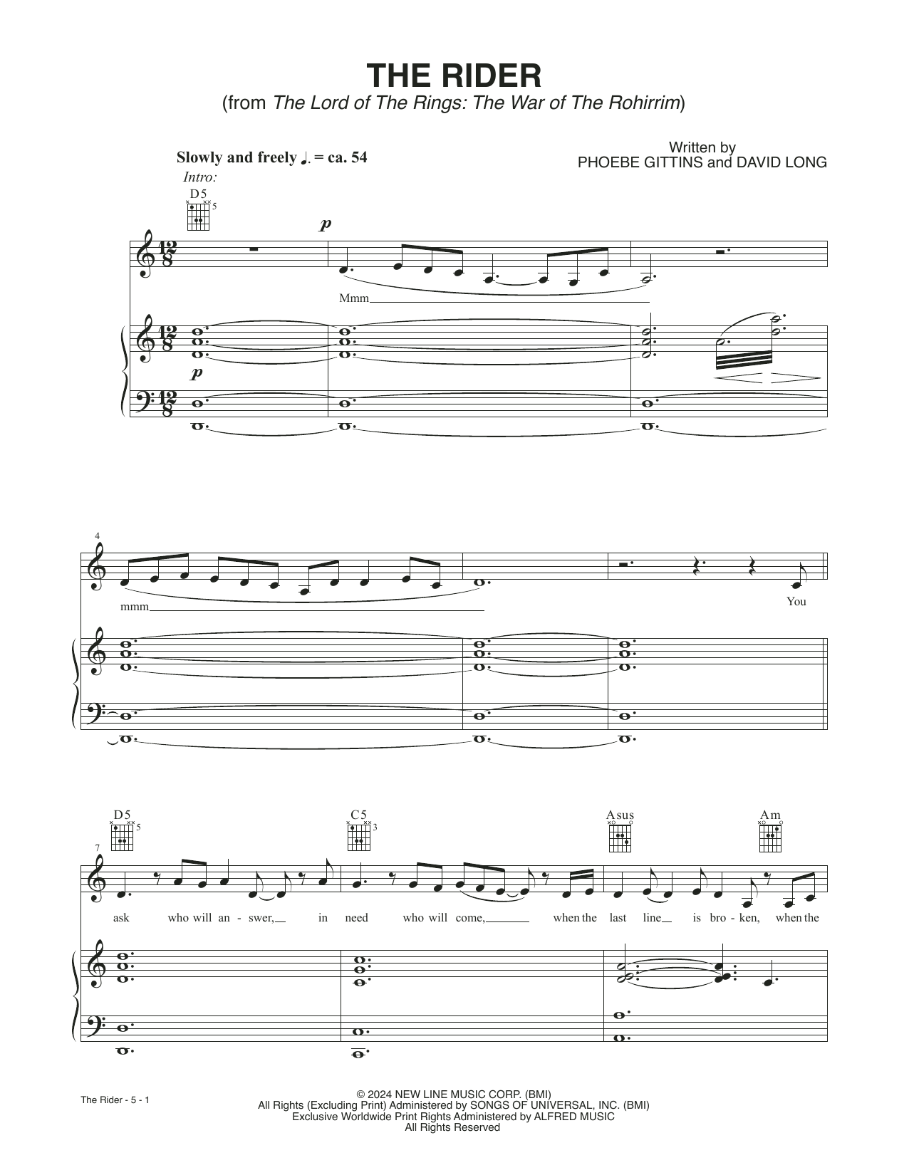 David Long and Phoebe Gittins The Rider (from The Lord Of The Rings: The War Of The Rohirrim) sheet music notes and chords arranged for Piano, Vocal & Guitar Chords (Right-Hand Melody)