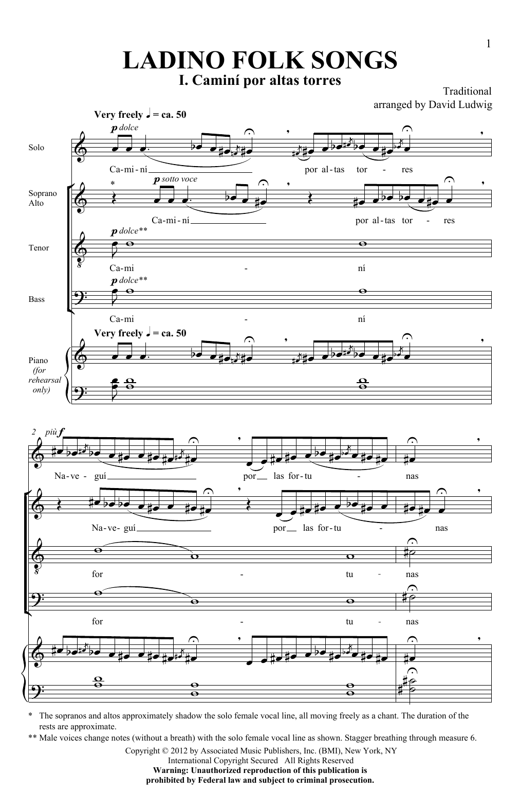David Ludwig Ladino Folk Songs sheet music notes and chords arranged for SATB Choir