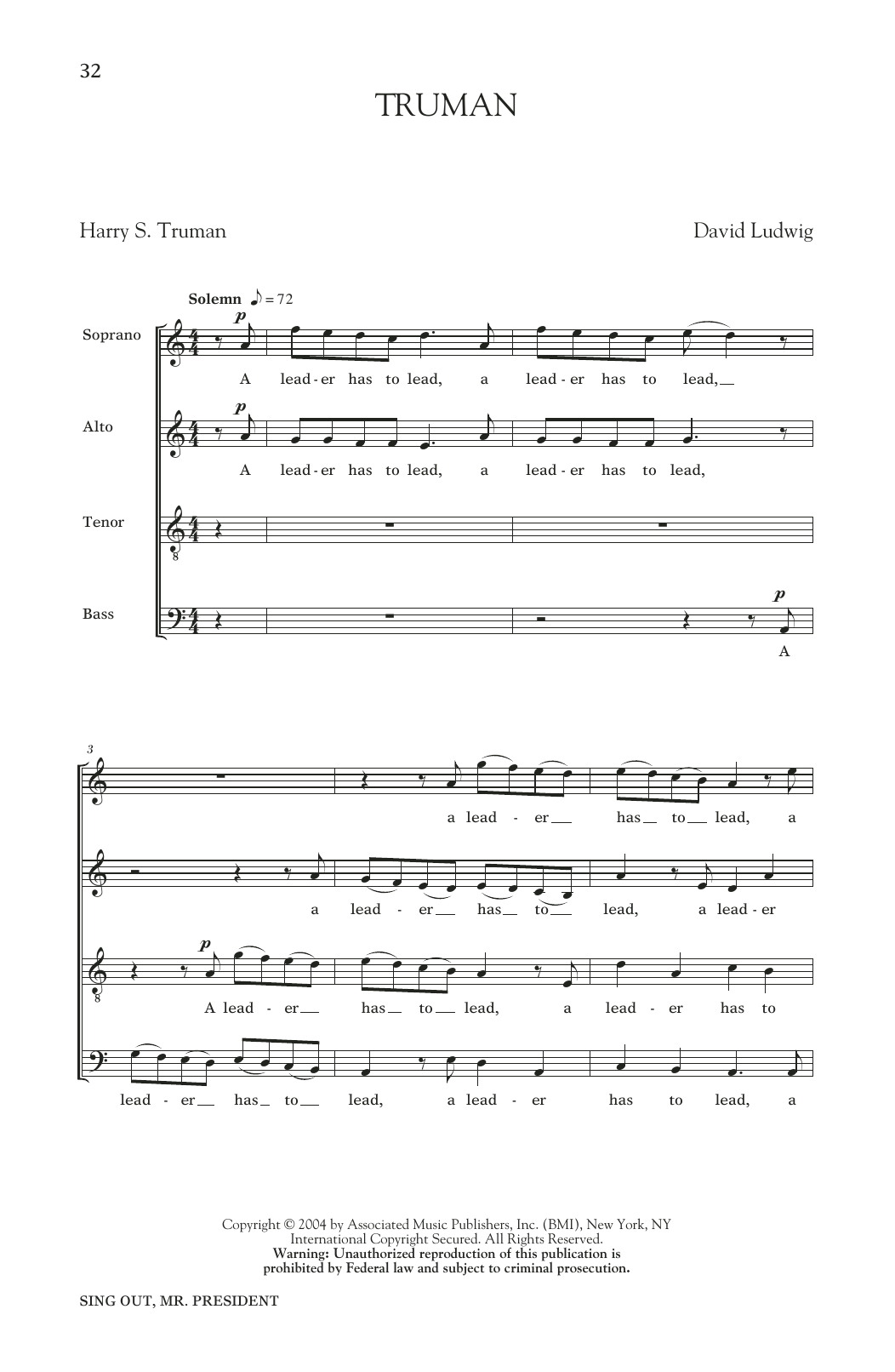 David Ludwig Truman sheet music notes and chords arranged for SATB Choir