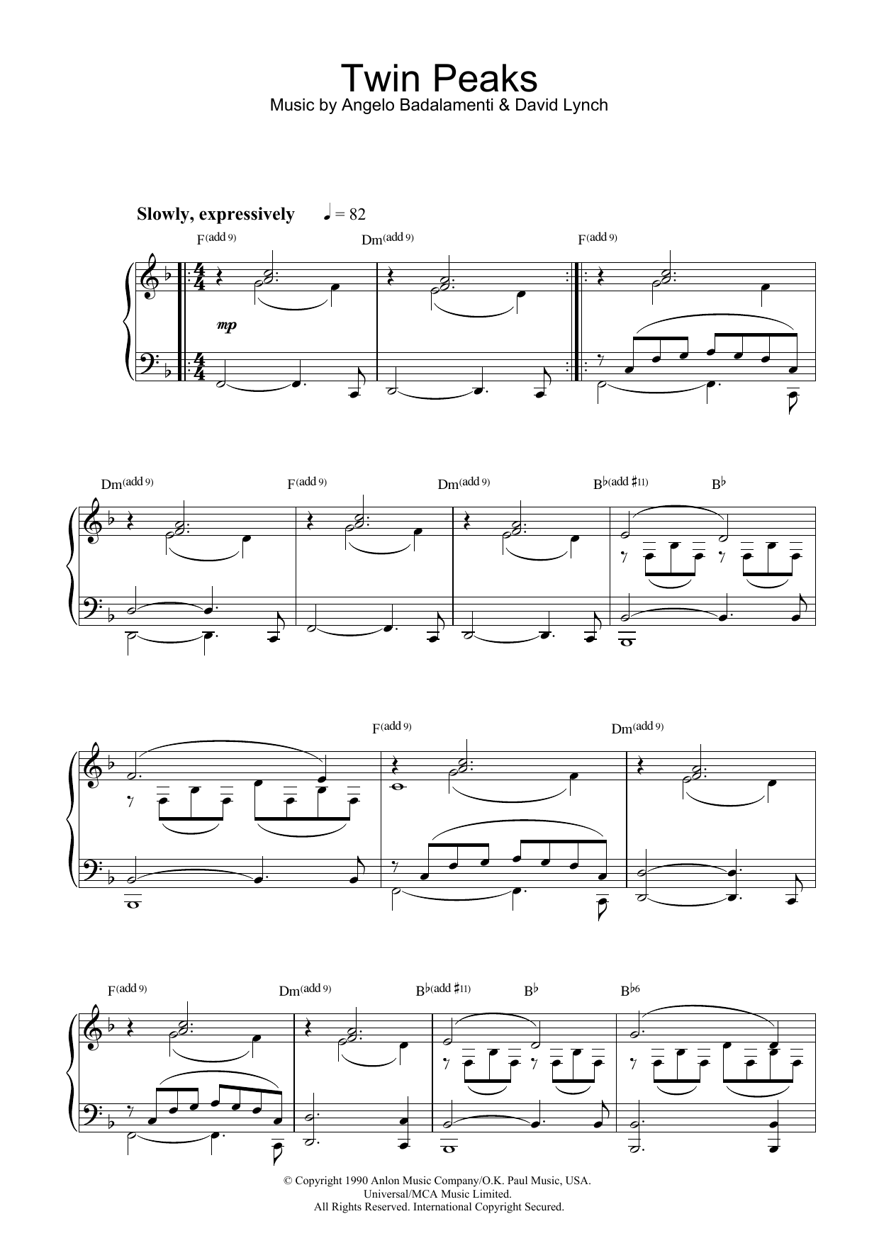 David Lynch Theme from Twin Peaks sheet music notes and chords arranged for Piano Solo