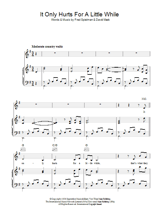 David Mack It Only Hurts For A Little While sheet music notes and chords arranged for Piano, Vocal & Guitar Chords
