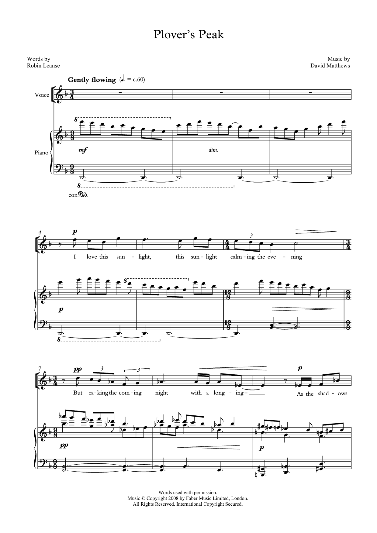 David Matthews Plover's Peak (for tenor and piano) sheet music notes and chords arranged for Piano & Vocal