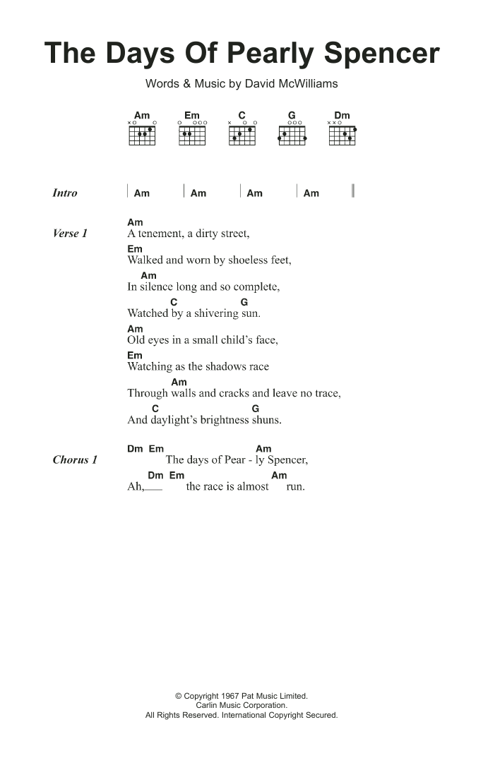 David McWilliams The Days Of Pearly Spencer sheet music notes and chords arranged for Guitar Chords/Lyrics