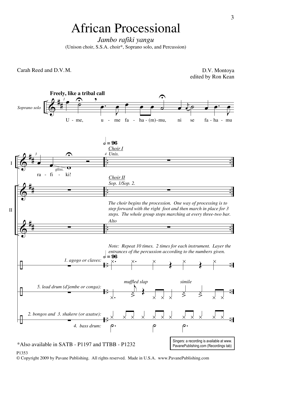 David Montoya African Processional (ed. Ron Kean) sheet music notes and chords arranged for SSA Choir