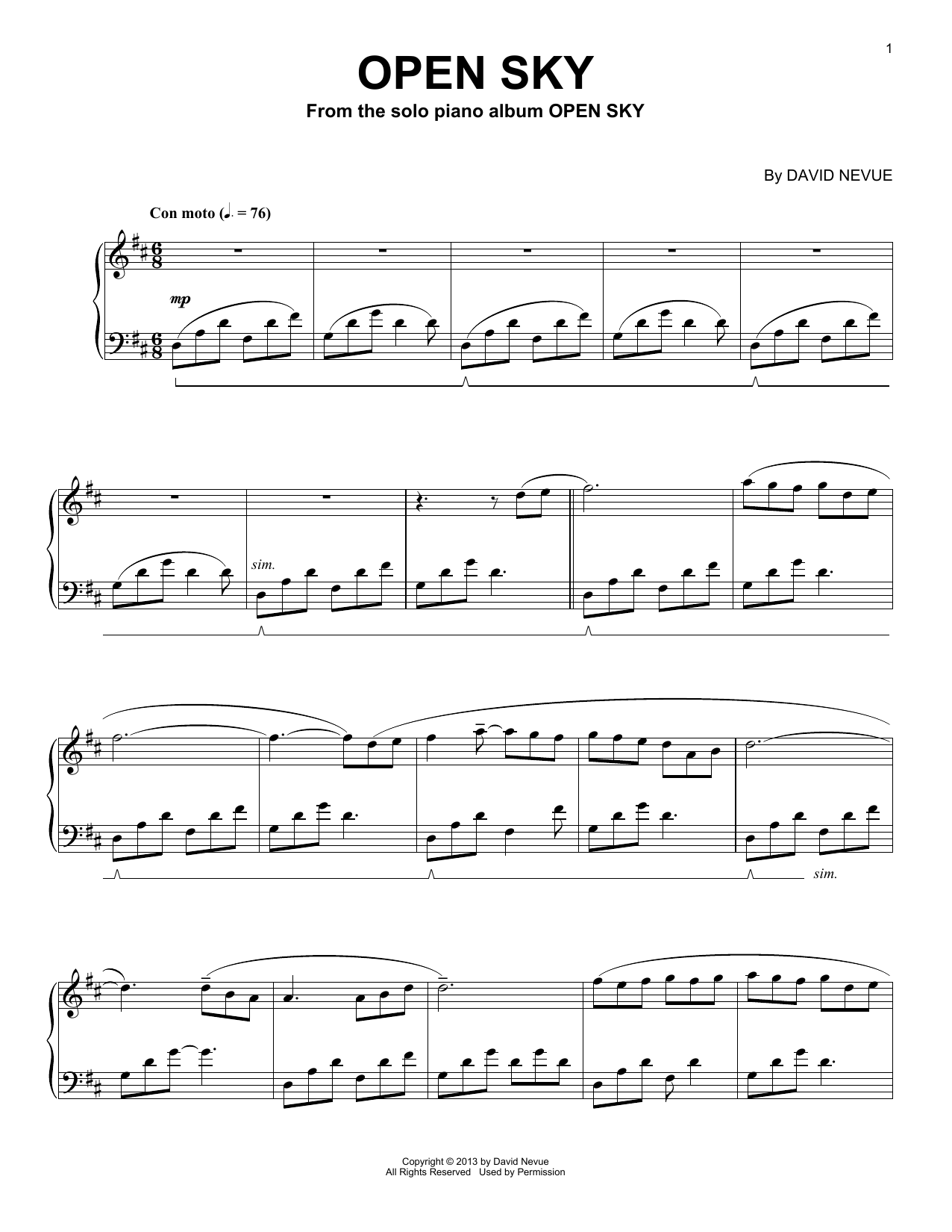 David Nevue Open Sky sheet music notes and chords arranged for Piano Solo