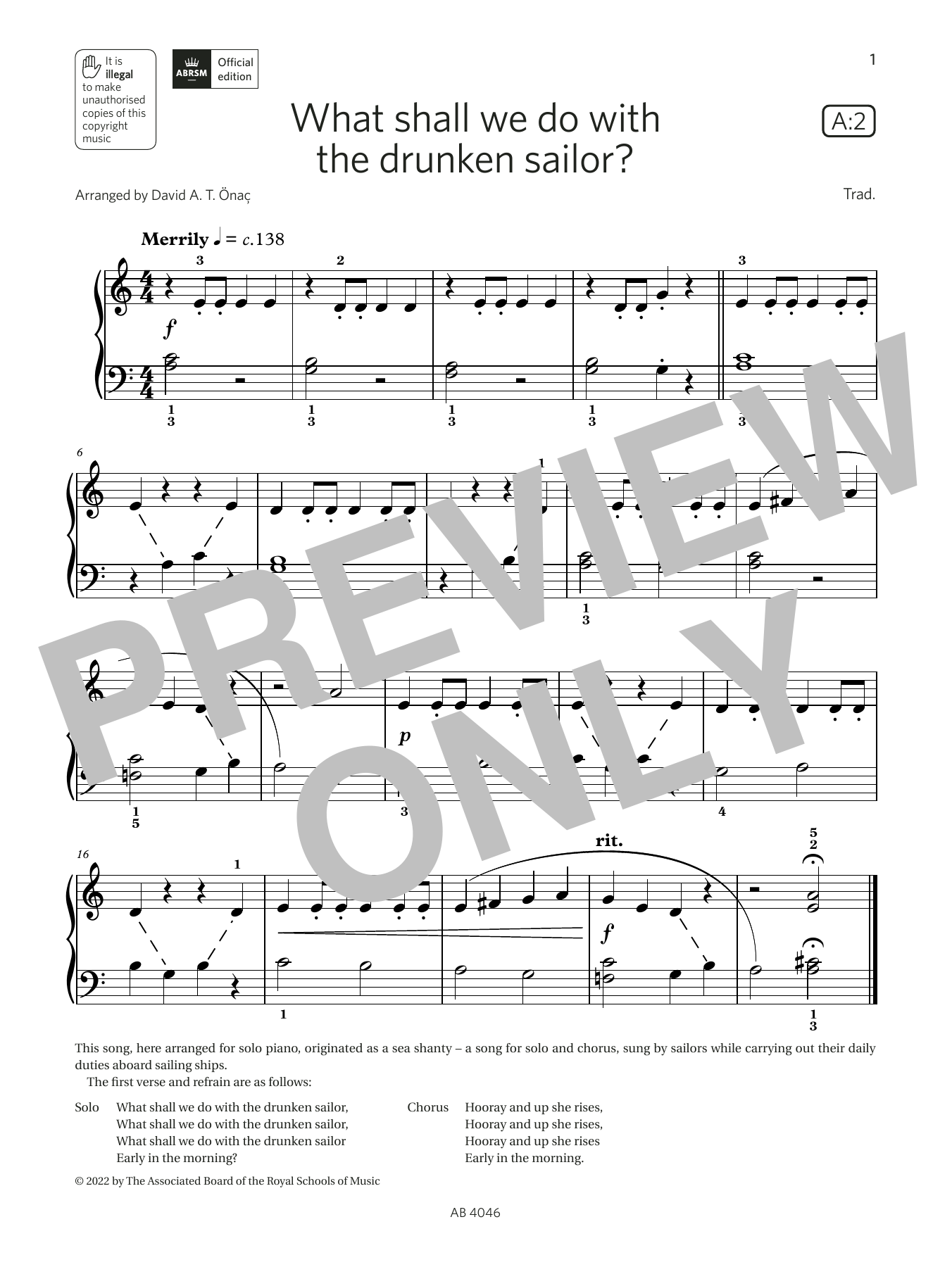 David Önac What shall we do with the drunken sailor? (Grade Initial, list A2, ABRSM Piano Syllabus 2023 & 2024) sheet music notes and chords arranged for Piano Solo