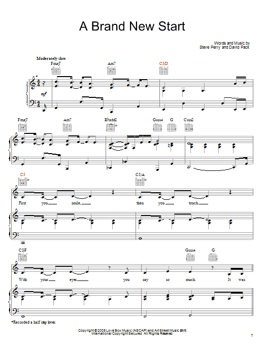 Steve Perry A Brand New Start sheet music notes and chords arranged for Piano, Vocal & Guitar Chords (Right-Hand Melody)