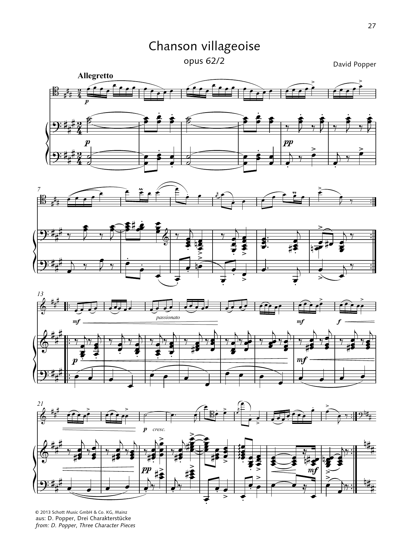 Dávid Popper Chanson villageoise sheet music notes and chords arranged for String Solo