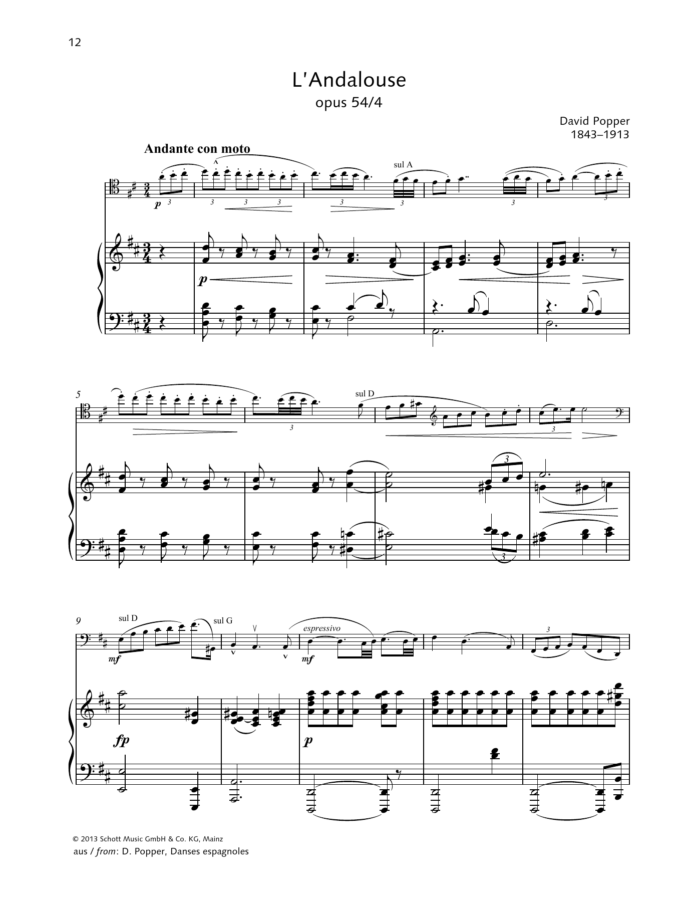 Dávid Popper L'Andalouse sheet music notes and chords arranged for String Solo