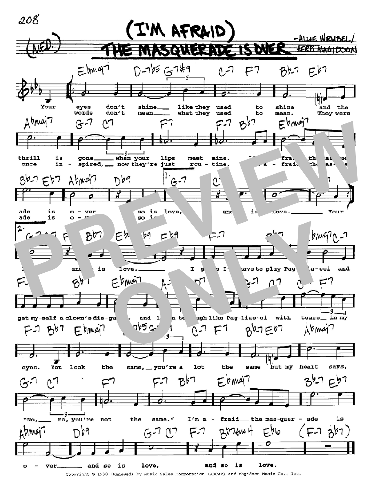 Allie Wrubel (I'm Afraid) The Masquerade Is Over sheet music notes and chords arranged for Real Book – Melody & Chords – C Instruments