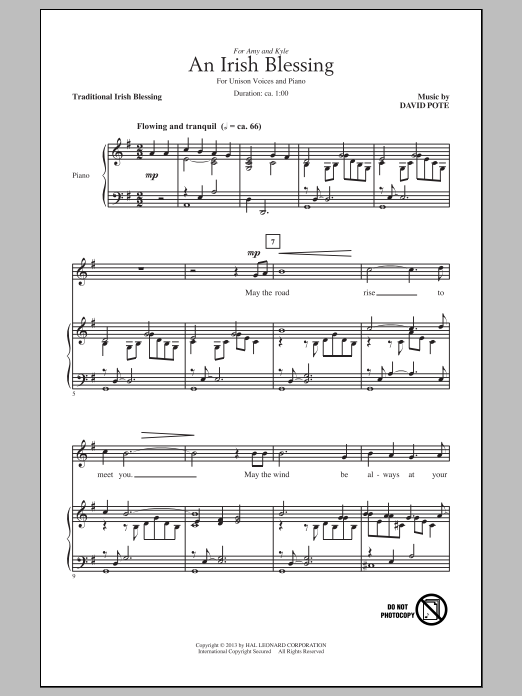 David Pote An Irish Blessing sheet music notes and chords arranged for Unison Choir