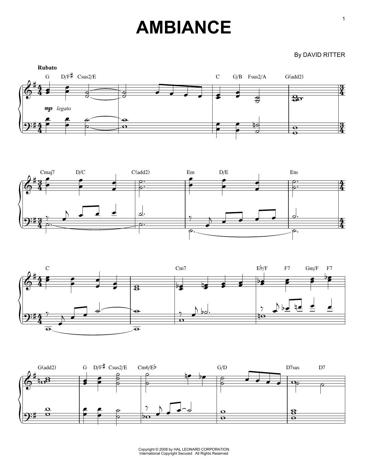 David Ritter Ambiance sheet music notes and chords arranged for Piano Solo