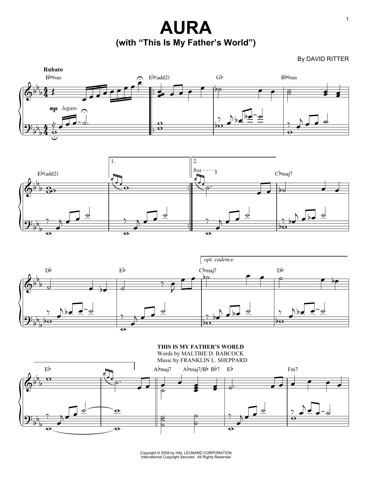 David Ritter Aura sheet music notes and chords arranged for Piano Solo