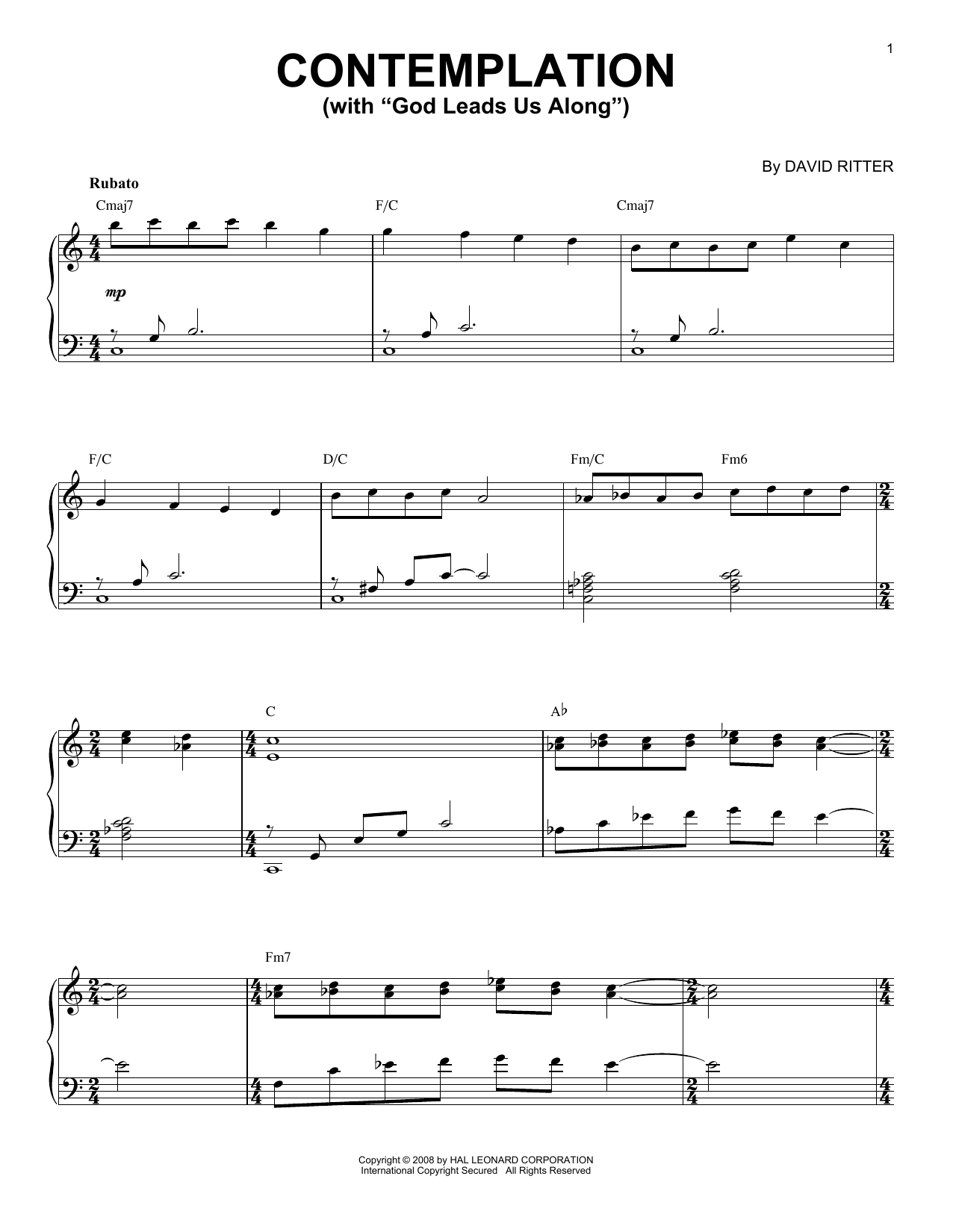 David Ritter Contemplation sheet music notes and chords arranged for Piano Solo