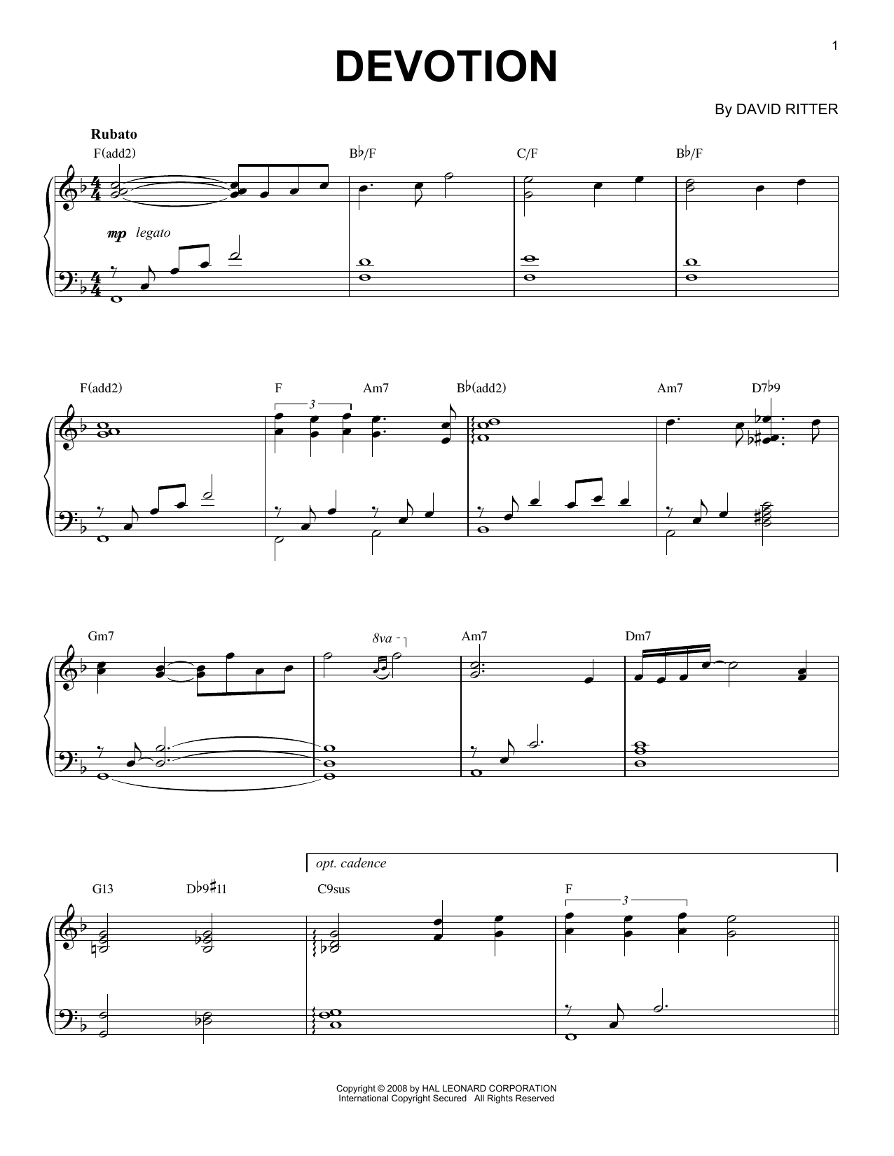 David Ritter Devotion sheet music notes and chords arranged for Piano Solo