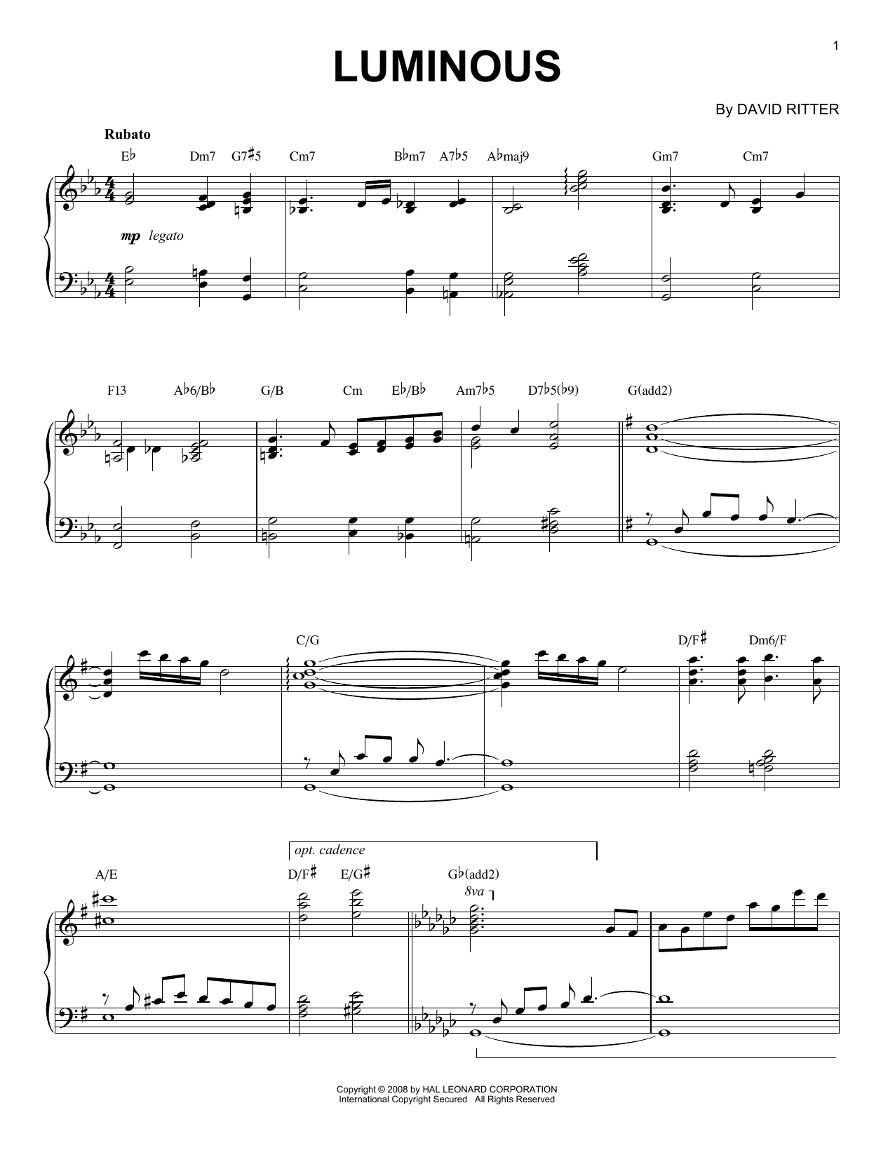David Ritter Luminous sheet music notes and chords arranged for Piano Solo