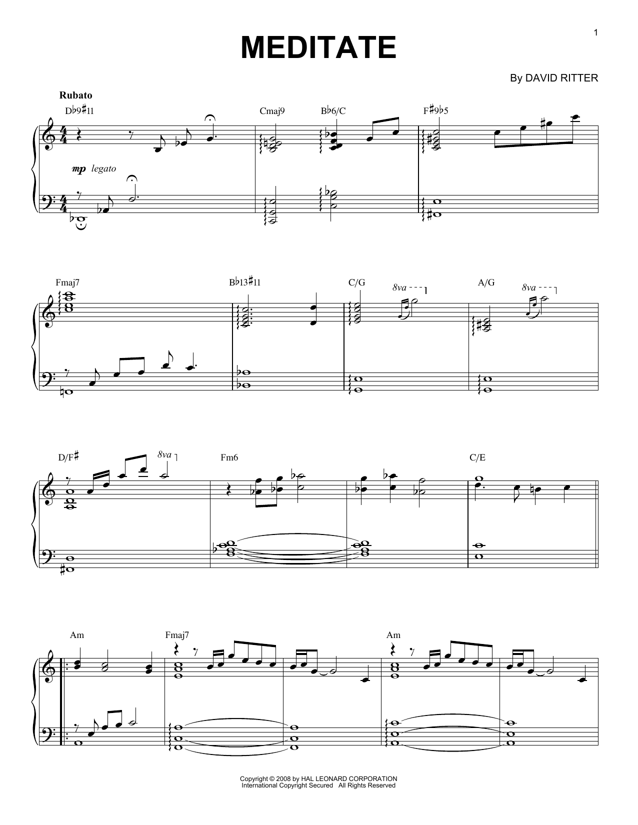 David Ritter Meditate sheet music notes and chords arranged for Piano Solo