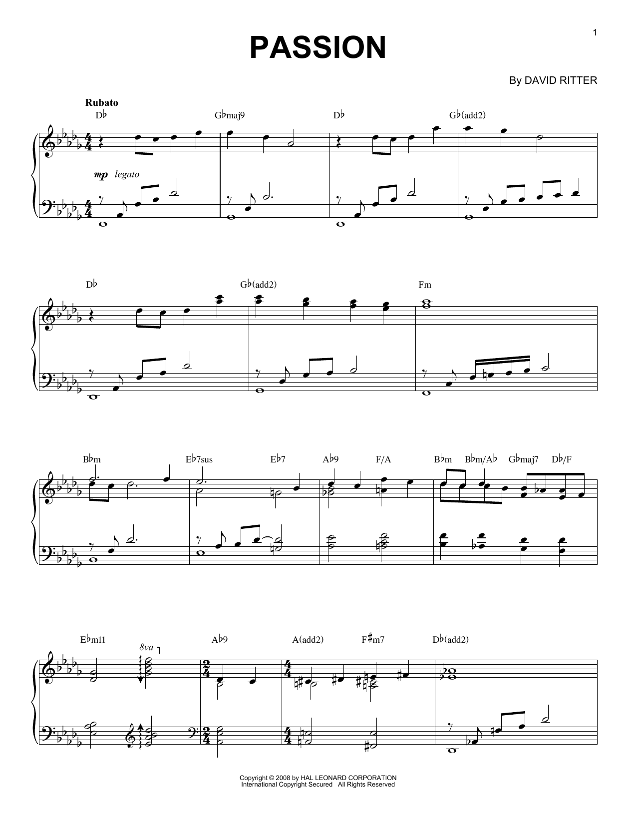 David Ritter Passion sheet music notes and chords arranged for Piano Solo