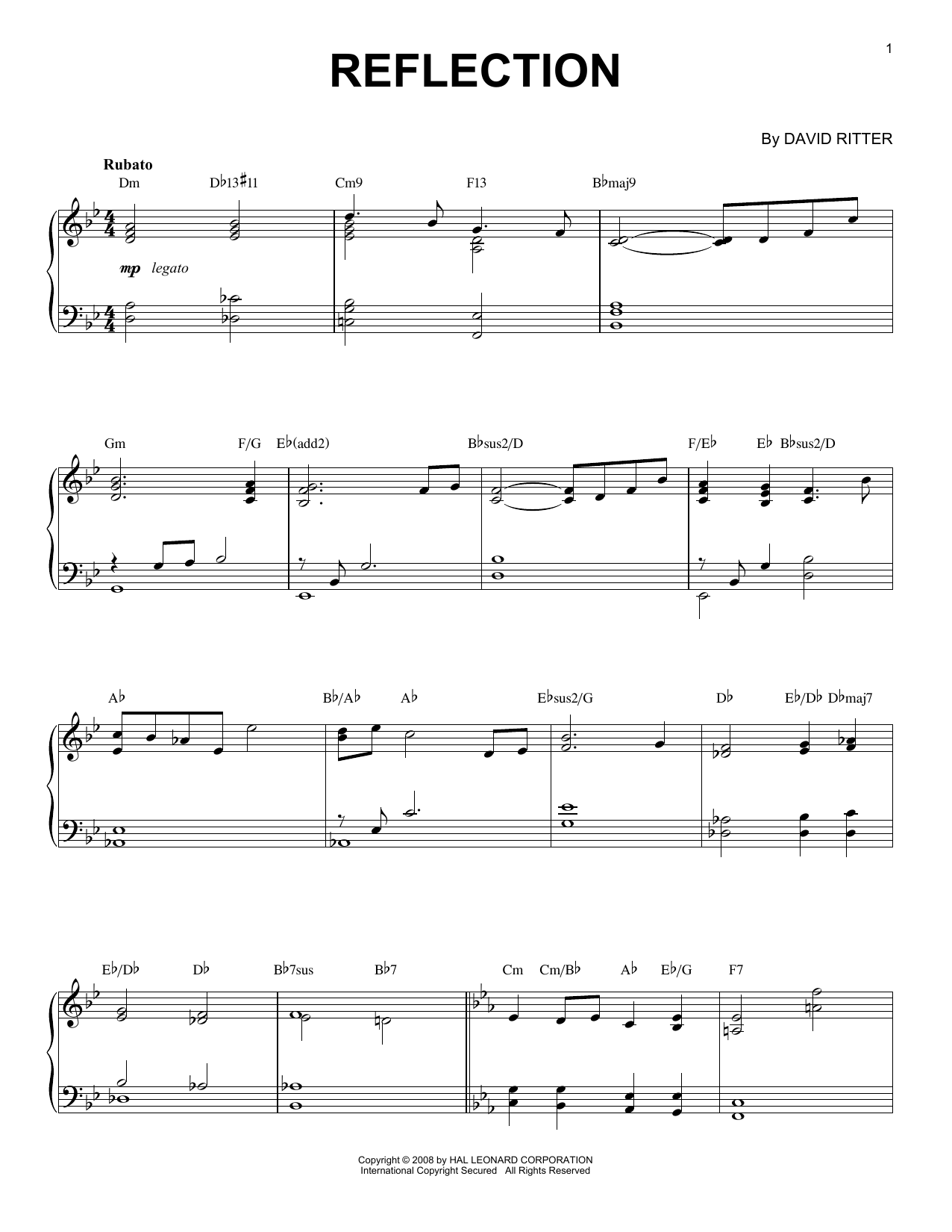 David Ritter Reflection sheet music notes and chords arranged for Piano Solo