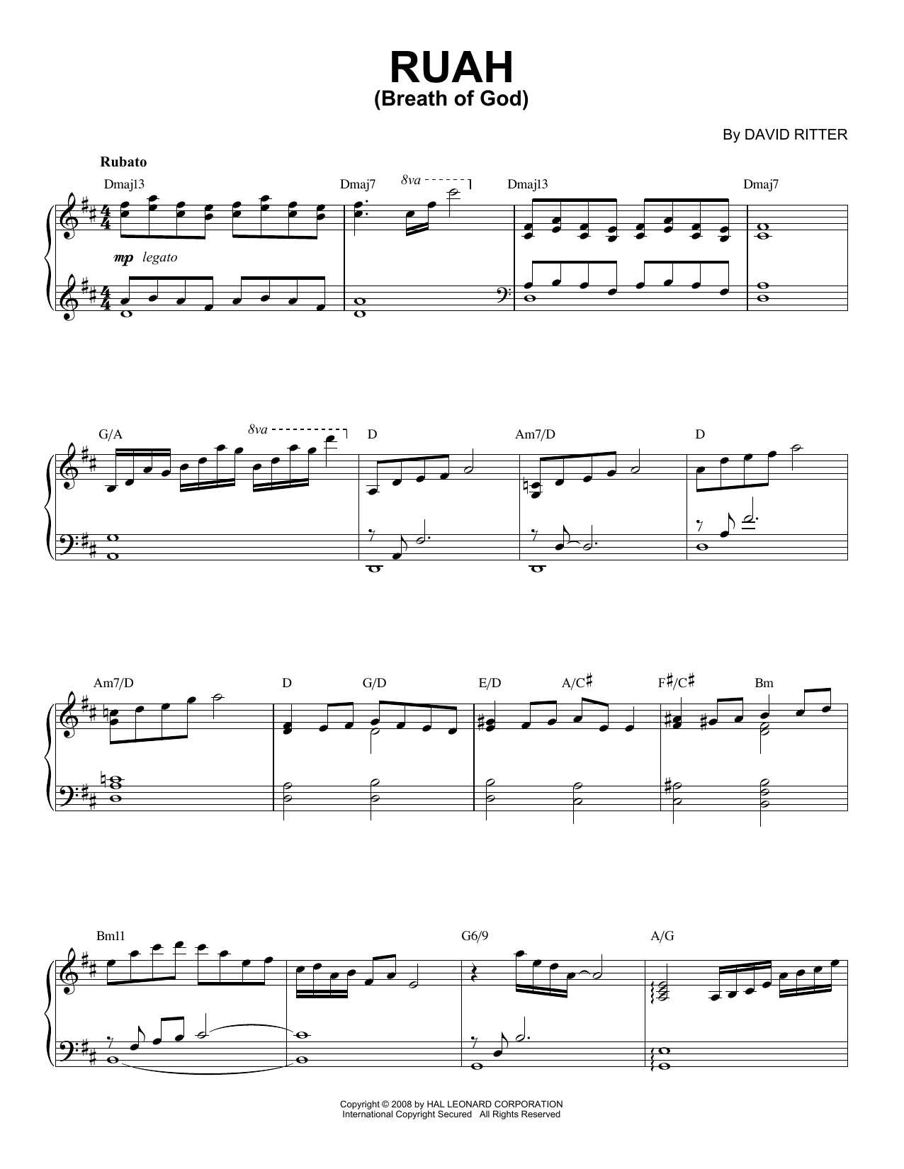 David Ritter Ruah (Breath Of God) sheet music notes and chords arranged for Piano Solo