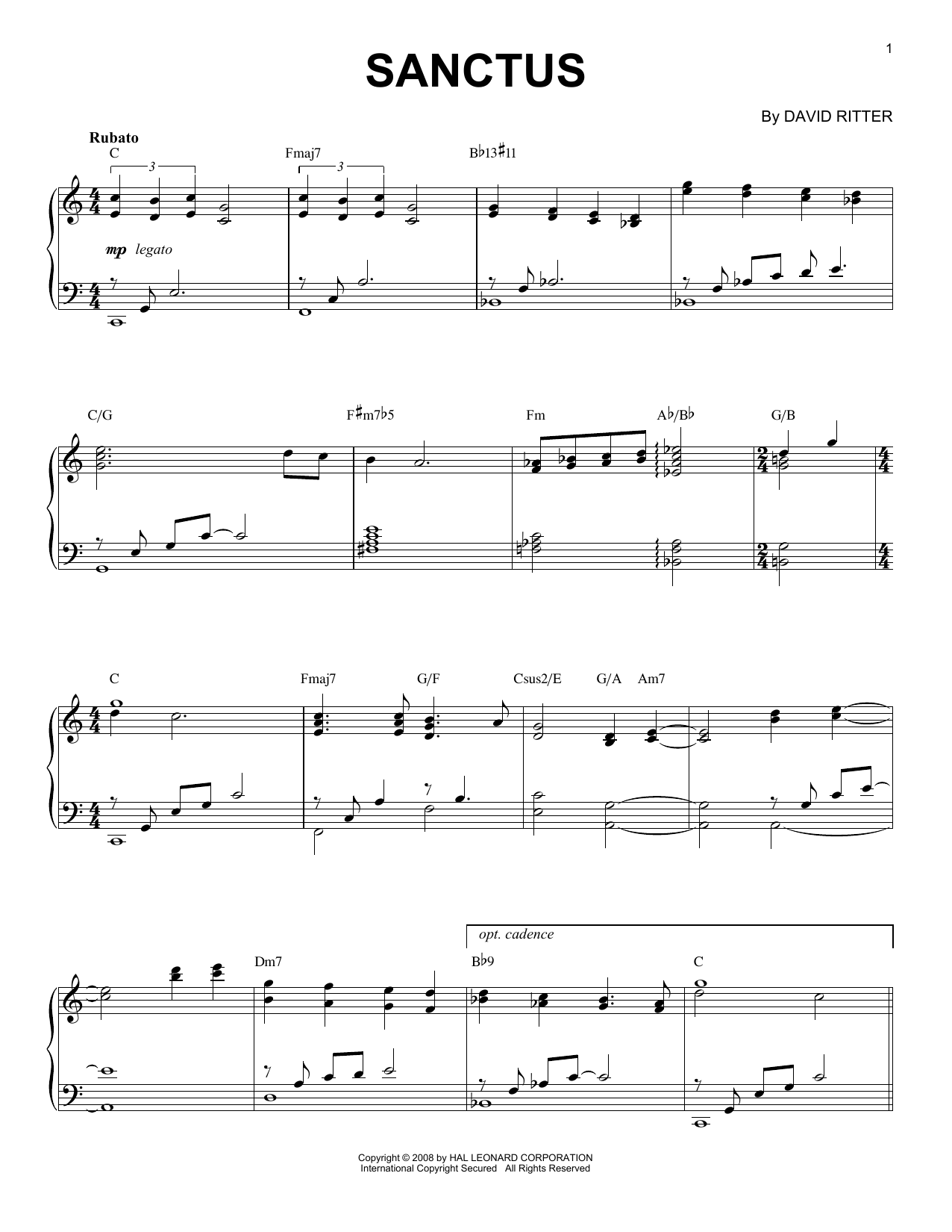 David Ritter Sanctus sheet music notes and chords arranged for Piano Solo