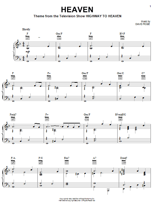 David Rose Heaven sheet music notes and chords arranged for Piano Solo
