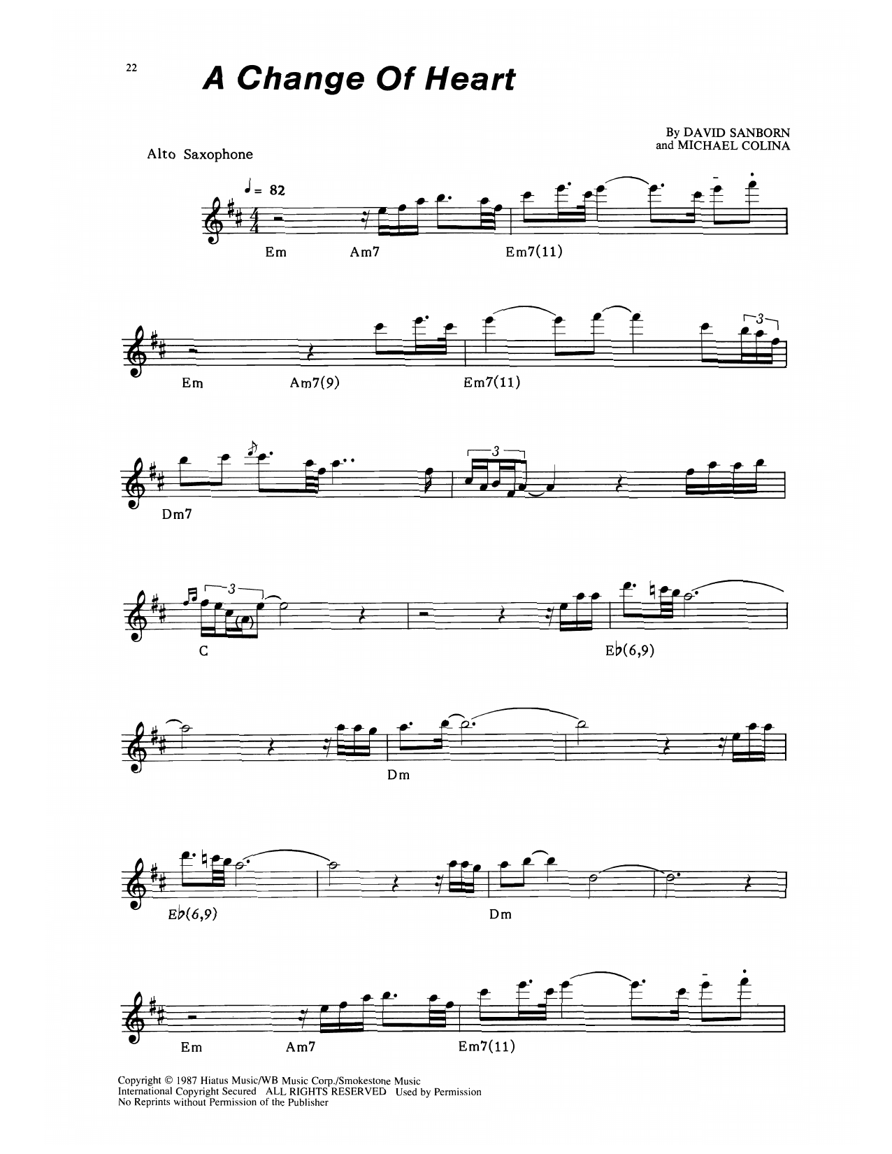 David Sanborn A Change Of Heart sheet music notes and chords arranged for Alto Sax Transcription